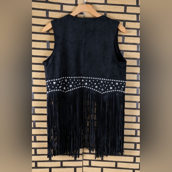 Faux Suede Silver Studded Fringe Vest - Black - Picture 2 of 2